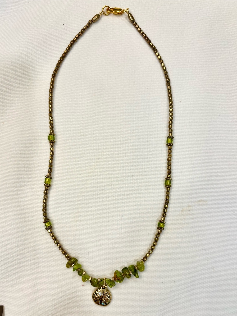 HAND CRAFTED Gold, Peridot Chip, Czech Bead Necklace, gold sand dollar charm - Picture 5 of 5